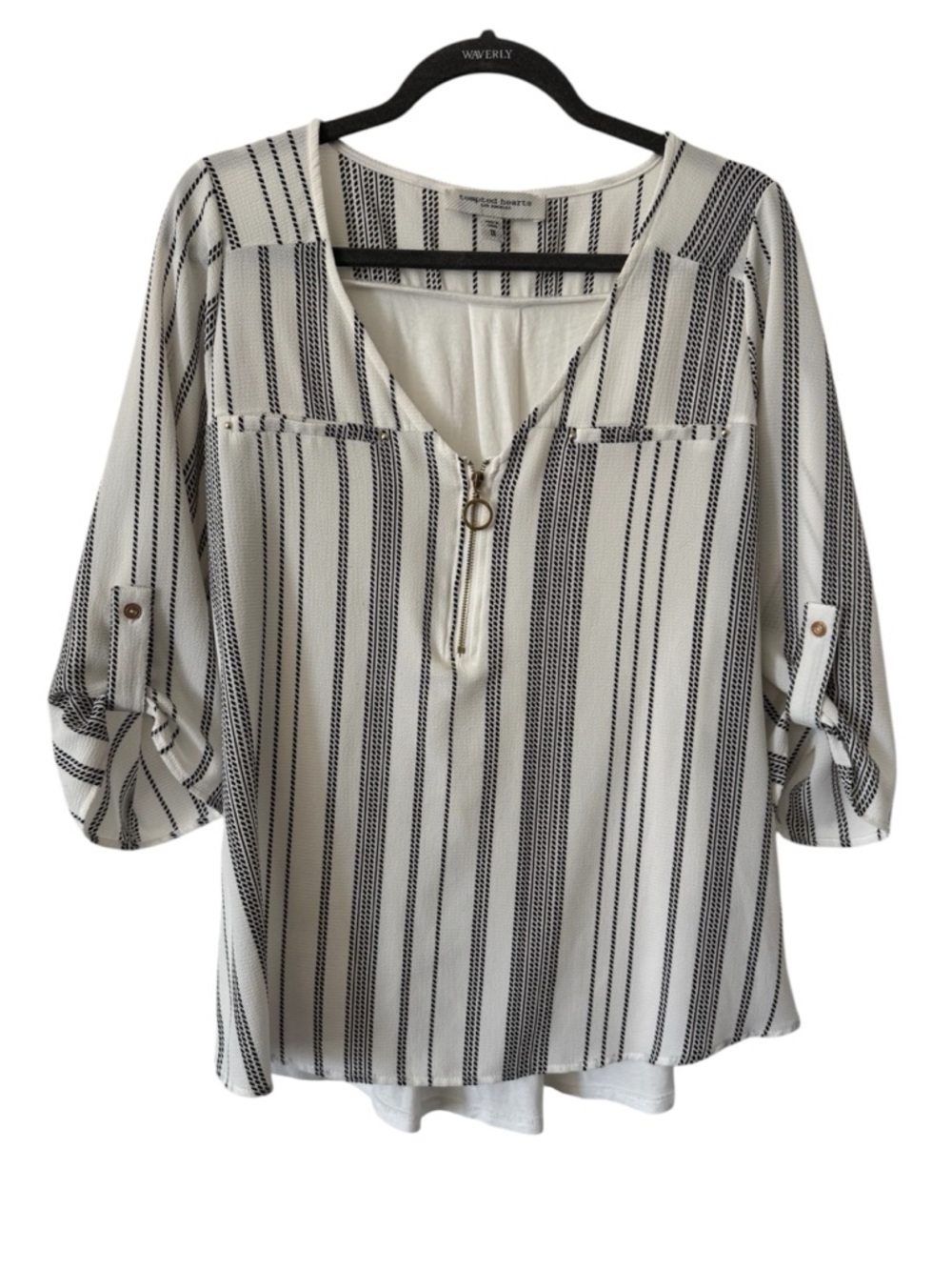 Tempted Hearts Los Angeles Striped Zip Front Blouse Size 1X Roll Tab Sleeve